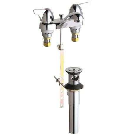 Chicago Faucets 797-E74-1000XKABCP Hot and Cold Water Sink Faucet with Pop-up Waste, 4" Fixed Centers, 1.0 GPM Non-Aerating Laminar Flow Outlet, Ceramic Cartridge, 2" Canopy Single Wing Handle