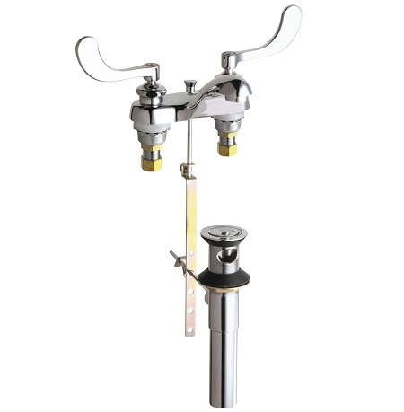 Chicago Faucets 797-E74-317XKABCP Hot and Cold Water Sink Faucet with Pop-up Waste, 4" Fixed Centers, 1.0 GPM Non-Aerating Laminar Flow Outlet, Ceramic Cartridge, 4" Wristblade Handle