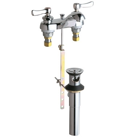 Chicago Faucets 797-E74ABCP Hot and Cold Water Sink Faucet with Pop-up Waste, 4" Fixed Centers, 1.0 GPM Non-Aerating Laminar Outlet, 2-3/8" Lever Handle