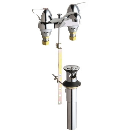 Chicago Faucets 797-V1000E66ABCP Hot and Cold Water Sink Faucet with Pop-up Waste, 4" Fixed Centers, 0.5 GPM Vandal Proof Laminar Non-Aerating Outlet, 2" Canopy Single Wing Handle