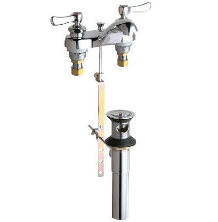 Chicago Faucets 797-VE66ABCP Hot and Cold Water Sink Faucet with Pop-up Waste, 4" Fixed Centers, 0.5 GPM Vandal Proof Laminar Non-Aerating Outlet, 2-3/8" Lever Handle