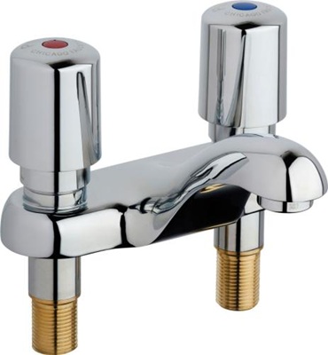Chicago Faucets 802-765ABCP Hot and Cold Water Metering Sink Faucet, 4" Fixed Centers, 2.2 GPM Softflo Aerator, 2" MVP Metering Cartridge