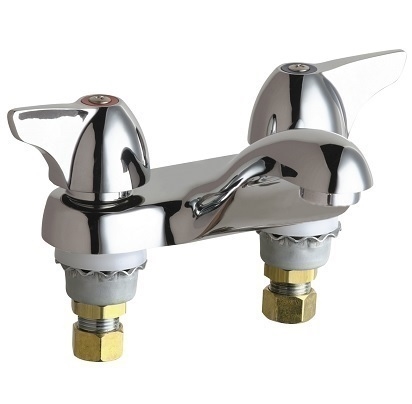 Chicago Faucets 802-V1000E66ABCP Hot and Cold Water Sink Faucet, 4" Fixed Centers, 0.5 GPM Vandal Proof Non-Aerating Laminar Flow Outlet, 2" Canopy Single Wing Handle