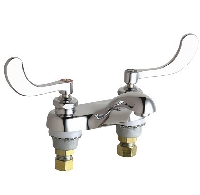 Chicago Faucets 802-V317E64XKABCP Hot and Cold Water Sink Faucet, 4" Fixed Centers, 1.0 GPM Vandal Proof Non-Aerating Laminar Flow Outlet, Ceramic Cartridge, 4" Wristblade Handle