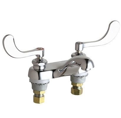 Chicago Faucets 802-VE34VP317ABCP Hot and Cold Water Sink Faucet, 4" Fixed Centers, 1.5 GPM Vandal Proof Softflo Aerator, 4" Wristblade Handle