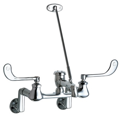Chicago Faucets 814-897-7KCP Hot and Cold Water Sink Faucet, 8" Body, Adjustable Arms 3" - 13", 8-7/8" Rigid Spout with Pail Hook and Wall Brace, 6" Elbow Blade Handles
