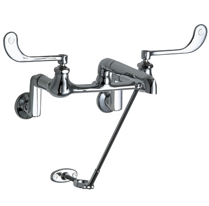 Chicago Faucets 814-XKCP Hot and Cold Water Sink Faucet, 8" Body, Adjustable Arms 3" - 13", 7-1/8" Rigid Spout with Pail Hook, Ceramic Cartridge, 6" Elbow Blade Handle