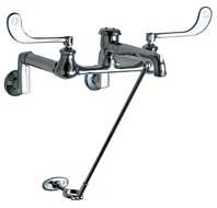 Chicago Faucets 815-VBCP Hot and Cold Water Sink Faucet, 8" Body, Adjustable Arms 3" - 13", 7-1/2" Rigid Spout with Pail Hook, 8.5 GPM Flow at 60 PSI, 6" Elbow Blade Handle, 2-1/2" Offset Supply Arm with Integral Shut-off Stop, Chrome Plate Finish