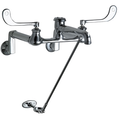 Chicago Faucets 815-VBXKCCP Hot and Cold Water Sink Faucet, 8" Body, Adjustable Arms 3" - 13", 7-1/2" Rigid Spout with Pail Hook, Atmospheric Vacuum Breaker, Ceramic Cartridge with Check Valve, 5" Inlet Supply Extensions, 6" Elbow Blade Handle