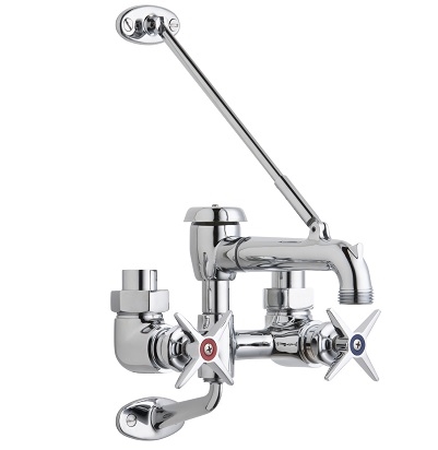Chicago Faucets 835-XKCP Hot and Cold Water Service Sink Faucet with Supplies from Above, 6" Fixed Centers, 5-3/4" Rigid Spout with Vacuum Breaker and Pail Hook, Ceramic Cartridge, 3" Cross Handle, Polished Chrome