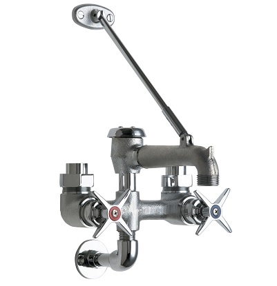 Chicago Faucets 835-XKRCF Hot and Cold Water Service Sink Faucet with Supplies from Above, 6" Fixed Centers, 5-3/4" Rigid Spout with Vacuum Breaker and Pail Hook, Ceramic Cartridge, 3" Cross Handle, Rough Chrome