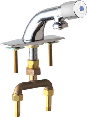 Chicago Faucets 844-765PSHABCP Hot and Cold Water Mixing Sink Faucet, 4" Fixed Centers, 4-1/8" Integral Spout, 1.5 GPM Multi-stream Spray, 2" MVP Metering Push Handle