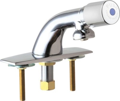 Chicago Faucets 857-E12-765PSHABCP Single Supply Metering Sink Faucet, 4" Cover Plate, 4-1/8" Integral Spout, 2.2 GPM Softflo Aerator, 2" MVP Metering Push Handle