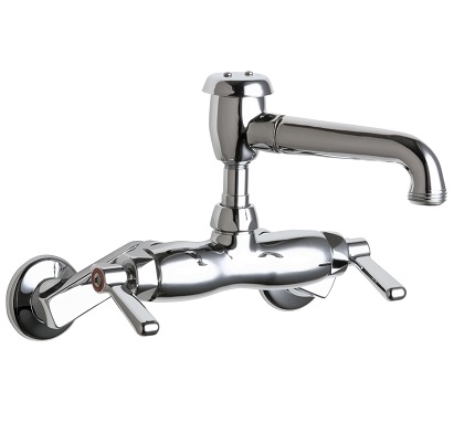 Chicago Faucets 886-RCP Hot and Cold Water Sink Faucet, 3-3/8" Body with Adjustable Arms for 3" - 8-3/8" Centers, 5-3/4" L-Type Spout with Atmospheric Vacuum Breaker, Integral Shut-off Stop, 2-3/8" Lever Handle