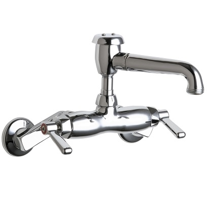 Chicago Faucets 886-RXKCCP Hot and Cold Water Sink Faucet, 3-3/8" Body with Adjustable Arms 3" - 8-3/8", 5-3/4" L-Type Spout with Atmospheric Vacuum Breaker, Integral Shut-off Stop, Ceramic Cartridge with Check Valve, 2-3/8" Lever Handle