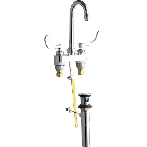 Chicago Faucets 894-317ABCP Hot and Cold Water Sink Faucet with Pop-up Waste, 4" Fixed Centers, 3-1/2" Rigid/Swing Gooseneck Spout, 2.2 GPM Softflo Aerator, 4" Wristblade Handle