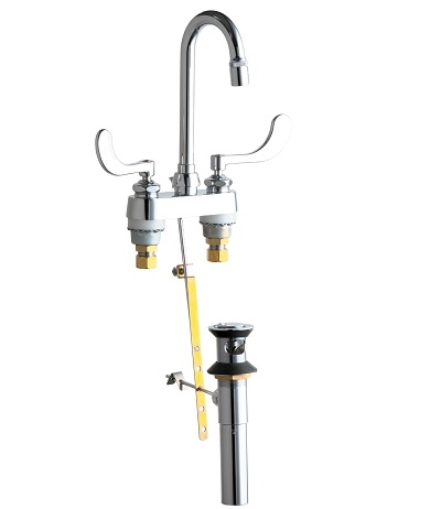 Chicago Faucets 894-317E29ABCP Hot and Cold Water Sink Faucet with Pop-up Waste, 4" Fixed Centers, 3-1/2" Rigid/Swing Gooseneck Spout, 2.2 GPM Laminar Flow Non-Aerating Outlet, 4" Wristblade Handle