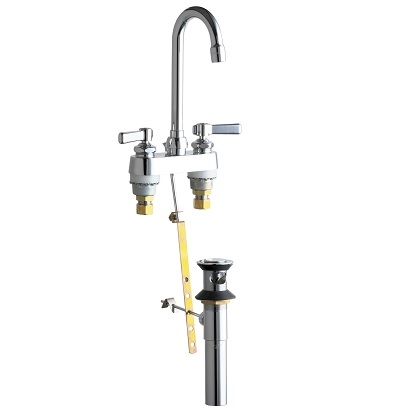 Chicago Faucets 894-E72ABCP Hot and Cold Water Sink Faucet with Pop-up Waste, 4" Fixed Centers, 3-1/2" Rigid/Swing Gooseneck Spout, 0.5 GPM Non-Aerating Laminar Flow Outlet, 2-3/8" Lever Handle