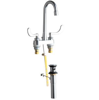 Chicago Faucets 894-E73-317RGD1AB Hot and Cold Water Sink Faucet with Pop-up Waste, 4" Fixed Centers, 3-1/2" Rigid Gooseneck Spout, 1.0 GPM Non-Aerating Laminar Outlet, 4" Wristblade Handle