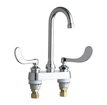 Chicago Faucets 895-317E29VPABCP Hot and Cold Water Sink Faucet, 4" Fixed Centers, 3-1/2" Rigid/Swing Gooseneck Spout, 2.2 GPM Vandal Proof Laminar Flow Non-Aerating Outlet, 4" Wristblade Handle