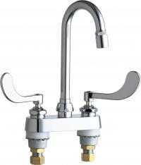 Chicago Faucets 895-317E36ABCP Hot and Cold Water Sink Faucet, Deck Mounted, 4" Fixed Centers, 3-1/2" Gooseneck Spout, 1.5 GPM Laminar Flow Non-Aerating Outlet, 4" Wristblade Handle