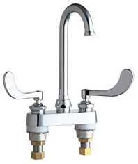 Chicago Faucets 895-317FCXKABCP Hot and Cold Water Sink Faucet, Deck Mounted, 4" Fixed Centers, 3-1/2" Gooseneck Spout, 1.5 GPM Laminar Flow Control Insert in Spout Inlet, 4" Wristblade Handle, Ceramic 1/4-Turn Operating Cartridge