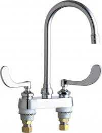 Chicago Faucets 895-317GN2AE35ABCP Hot and Cold Water Sink Faucet, Deck Mounted, 4" Fixed Centers, 5-1/4" Gooseneck Spout, 1.5 GPM Softflo Aerator, 4" Wristblade Handle