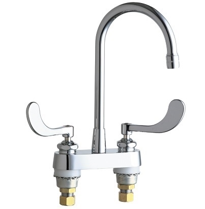 Chicago Faucets 895-317GN2AE72ABCP Hot and Cold Water Sink Faucet, 4" Fixed Centers, 5-1/4" Rigid/Swing Gooseneck Spout, 0.5 GPM Non-Aerating Laminar Outlet, 4" Wristblade Handle