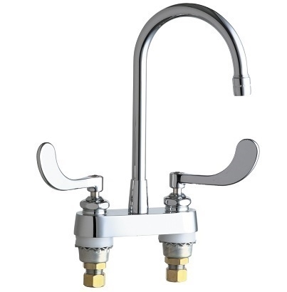 Chicago Faucets 895-317GN2BE3MAB Hot and Cold Water Sink Faucet, 4" Fixed Centers, 5-1/4" Rigid/Swing Gooseneck Spout, 2.2 GPM Softflo Aerator with Adapter, 4" Wristblade Handle