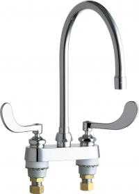 Chicago Faucets 895-317GN8AE35ABCP Hot and Cold Water Sink Faucet, Deck Mounted, 4" Fixed Centers, 8" Gooseneck Spout, 1.5 GPM Softflo Aerator, 4" Wristblade Handle