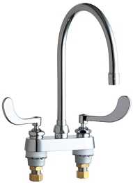Chicago Faucets 895-317GN8AE3ABCP Hot and Cold Water Sink Faucet, Deck Mounted, 4" Fixed Centers, 8" Gooseneck Spout, 2.2 GPM Softflo Aerator, 4" Wristblade Handle