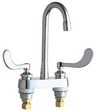 Chicago Faucets 895-317RGD1ABCP Hot and Cold Water Sink Faucet, Deck Mounted, 4" Fixed Centers, 3-1/2" Rigid Gooseneck Spout, 2.2 GPM Softflo Aerator, 4" Wristblade Handle