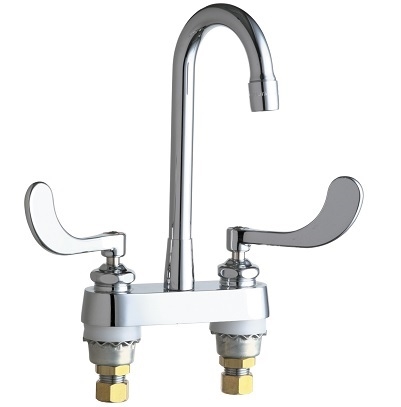 Chicago Faucets 895-317RGD1E72ABCP Hot and Cold Water Sink Faucet, 4" Fixed Centers, 3-1/2" Rigid Gooseneck Spout, 0.5 GPM Non-Aerating Laminar Outlet, 4" Wristblade Handle