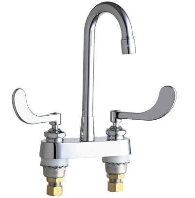 Chicago Faucets 895-317RGD1XKABCP Hot and Cold Water Sink Faucet, 4" Fixed Centers, 3-1/2" Rigid Gooseneck Spout, 2.2 GPM Softflo Aerator, Ceramic Cartridge, 4" Wristblade Handle