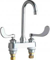 Chicago Faucets 895-317XKVPAABCP Hot and Cold Water Sink Faucet, Deck Mounted, 4" Fixed Centers, 3-1/2" Gooseneck Spout, 2.2 GPM Vandal Proof Softflo Aerator, 4" Wristblade Handle, Ceramic 1/4-Turn Operating Cartridge