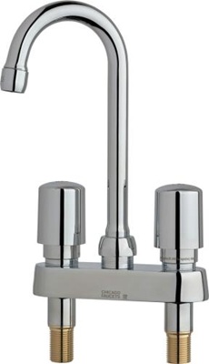 Chicago Faucets 895-E35-765ABCP Hot and Cold Water Sink Faucet, 4" Fixed Centers, 3-1/2" Rigid/Swing Gooseneck Spout, 1.5 GPM Softflo Aerator, 2" MVP Metering Push Handle