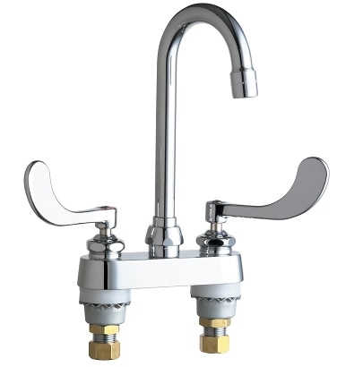 Chicago Faucets 895-E73-317ABCP Hot and Cold Water Sink Faucet, 4" Fixed Centers, 3-1/2" Rigid/Swing Gooseneck Spout, 1.0 GPM Non-Aerating Laminar Outlet, 4" Wristblade Handle