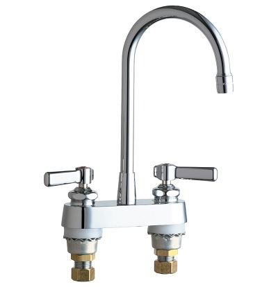Chicago Faucets 895-E73-RGD2ABCP Hot and Cold Water Sink Faucet, 4" Fixed Centers, 5-1/4" Rigid Gooseneck Spout, 1.0 GPM Non-Aerating Laminar Outlet, 2-3/8" Lever Handle