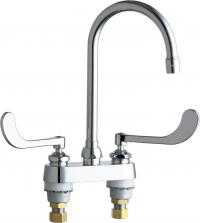 Chicago Faucets 895-GN2AE3-319ABCP Hot and Cold Water Sink Faucet, Deck Mounted, 4" Fixed Centers, 5-1/4" Gooseneck Spout, 2.2 GPM Softflo Aerator, 6" Elbow Blade Handle