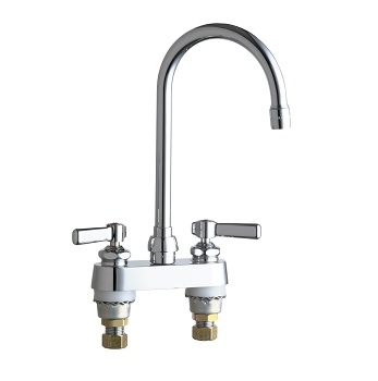 Chicago Faucets 895-GN2AE35ABCP Hot and Cold Water Sink Faucet, 4" Fixed Centers, 5-1/4" Gooseneck Spout, 1.5 GPM Softflo Aerator, Lever Handle