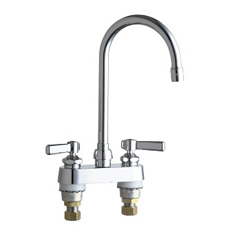 Chicago Faucets 895-GN2AE3ABCP Hot and Cold Water Sink Faucet, 4" Fixed Centers, 5-1/4" Gooseneck Spout, 2.2 GPM Softflo Aerator, Lever Handle