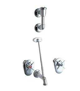 Chicago Faucets 911-ISCP Concealed Hot and Cold Water Sink Faucet with Integral Service Stops, 8" Fixed Centers, 5-3/4" Rigid Spout with Wall Flange and Pail Hook, 3" Cross Handle, Elevated Vacuum Breaker Assembly