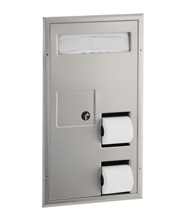 Bobrick B-35715 ClassicSeries Partition Mounted Combination, Seat-Cover, Sanitary Napkin, Toilet Tissue Dispenser, Satin Finish