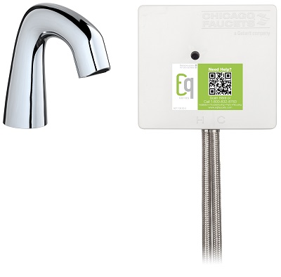Chicago Faucets EQ-A11A-53ABCP Electronic Lavatory Sink Faucet with Hands-free Infrared Detection, EQ Series, Curved Spout, Dual Supply, 0.5 GPM, Concealed Thermostatic Mixing Valve, Hardwire Connection, Chrome Plate Finish