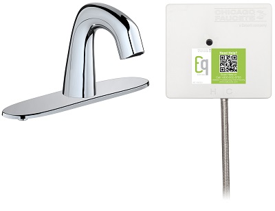 Chicago Faucets EQ-A13A-13ABCP Electronic Lavatory Sink Faucet with Hands-free Infrared Detection, EQ Series, Curved Spout, Dual Supply, 8" Fixed Centers, 0.5 GPM, Battery Powered, Concealed Thermostatic Mixing Valve, Chrome Plate Finish