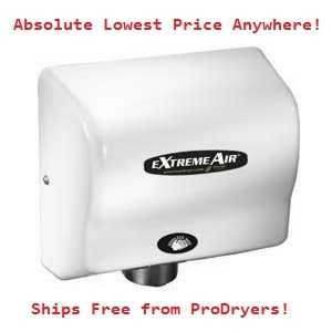 American Dryer EXT7-M Extreme Air Hand Dryer, ExtremeAir, 540 Watts, No Heat, GreenSpec, LEED, 100-240 Smart Voltage, Adjustable Quiet Levels, Antimicrobial, White Steel Cover, Commercial Hand Dryer