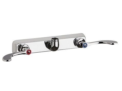 Chicago Faucets W8W-LES317AB Hot and Cold Water Workboard Sink Faucet, Wall Mounted, 8" Fixed Centers, 4" Wristblade Handle, Less Spout