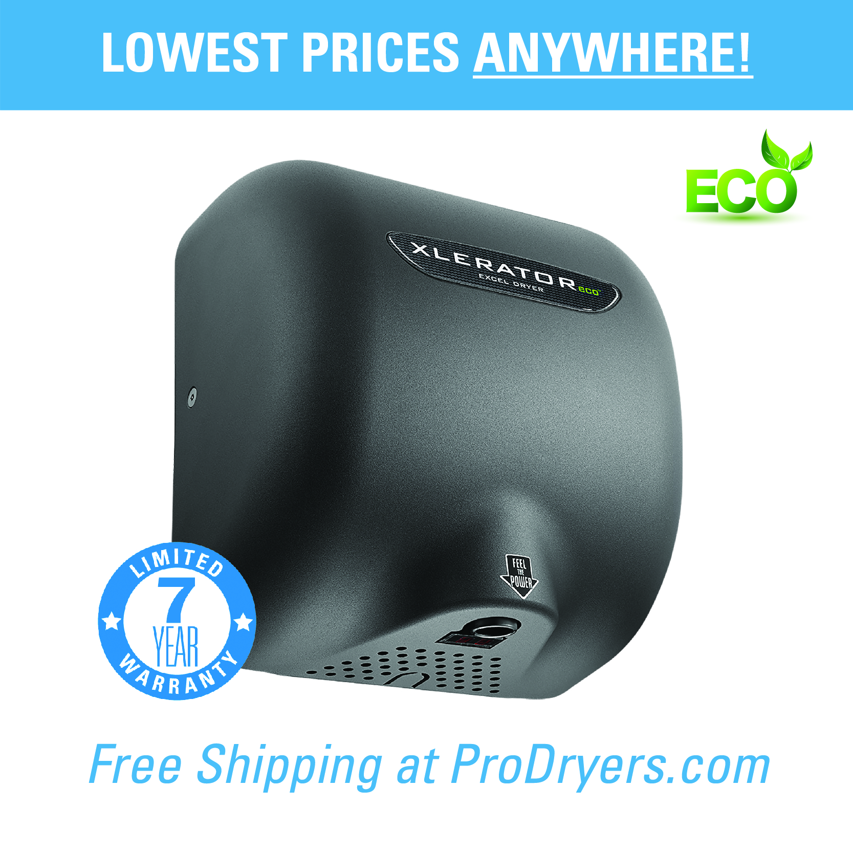  XL-GR-ECO Excel Dryer XLERATOReco XL-GR-ECO Hand Dryer, No Heat, Graphite Zinc Die-Cast Cover, Automatic Sensor, Surface Mounted, LEED Credits, GreenSpec Listed, Commercial Hand Dryer, 500 Watts