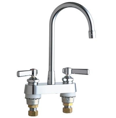 Chicago Faucets 895-RGD2ABCP Hot and Cold Water Sink Faucet, 4" Fixed Centers, 5-1/4" Rigid Gooseneck Spout, 2.2 GPM Softflo Aerator, 2-3/8" Lever Handle