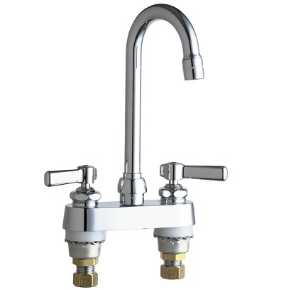Chicago Faucets 895-XKE72ABCP Hot and Cold Water Sink Faucet, 4" Fixed Centers, 3-1/2" Rigid/Swing Gooseneck Spout, 0.5 GPM Non-Aerating Laminar Outlet, Ceramic Cartridge, 2-3/8" Lever Handle